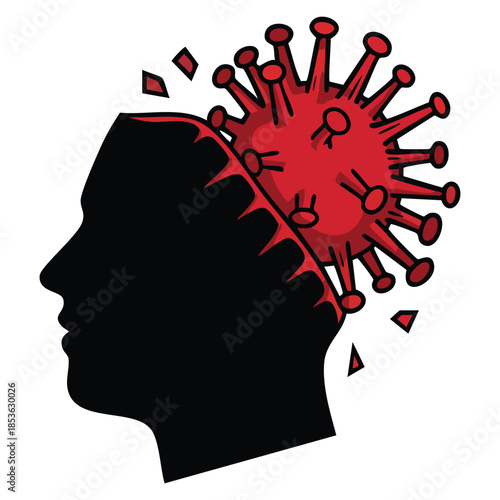 Human head with coronavirus virion brain vector banner viral cells mental health stop coronavirus concept global pandemic COVID19 themed illustration