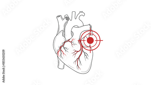 Medical illustration of a human heart with a red target on it, symbolizing heart attack risk, cardiology, or heart disease focus.