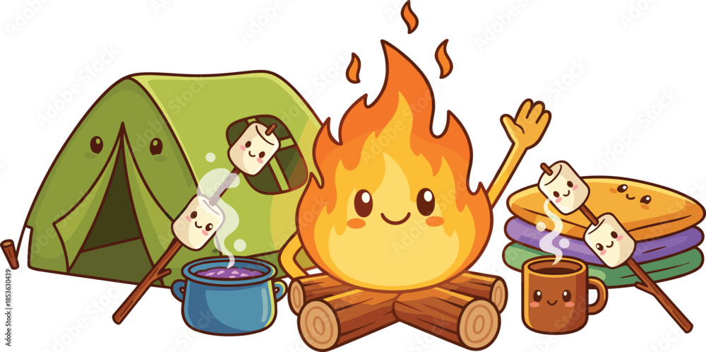 Obraz premium Cute camping illustration with smiling campfire, tent, marshmallows, outdoor adventure, cozy campsite scene, cartoon vector, camping lifestyle concept