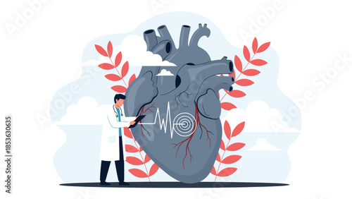 Cardiology concept with a doctor examining a large human heart with a heartbeat line, illustrating a health checkup and diagnosis.