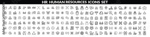 Set of   outline icons related to HR, Human Resources, Recruitment, Employment, business, office, company, management. Linear icon collection. Editable stroke. Human Resources big icon set design .