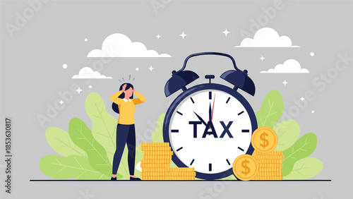 Stressed woman looking at an alarm clock with the word TAX, symbolizing the deadline and anxiety of tax season and payments.