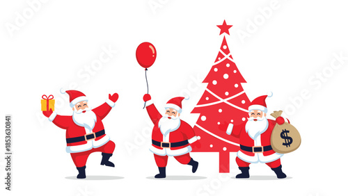 Set of three cheerful cartoon Santa Claus characters celebrating next to a red Christmas tree, isolated on a white background.