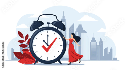 Elegant woman in a red dress standing next to a large alarm clock with a checkmark, representing punctuality and time management.
