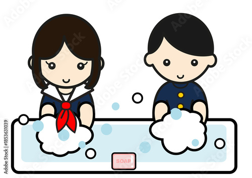 手を洗う制服姿の女子学生と男子学生のイラスト