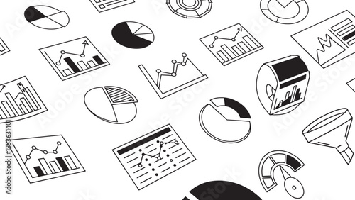 Isometric black and white data visualization icons including bar charts, pie charts, and line graphs for business analytics.