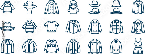 A collection of 20 simple line drawings of various clothing items and accessories for fashion or design purposes