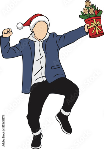Smiling Santa Claus in a business suit holding gifts and celebrating Christmas success in an office environment