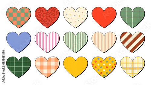 Vibrant heart shapes in various patterns and colors on black