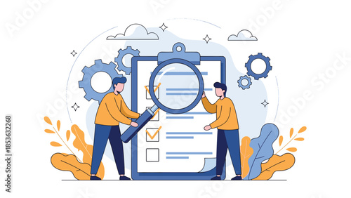 Two men using a large magnifying glass to inspect a checklist on a clipboard, representing audit, quality control, and detailed analysis.