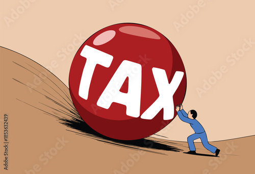 Illustration of tax payment deadline mistake showing big heavy tax ball rolling downhill toward depressed panic businessman symbolizing lack of financial planning