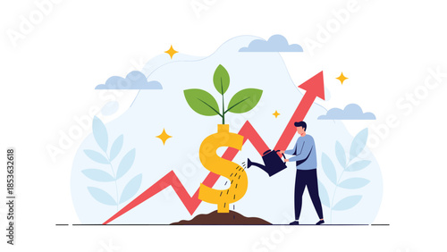Man watering a growing money plant shaped like a dollar sign, with an upward arrow chart symbolizing investment growth and profit.