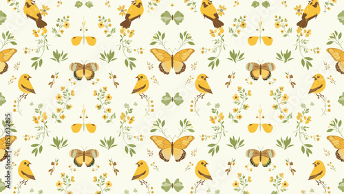 Symmetrical seamless pattern with yellow birds, butterflies, and floral elements, creating a beautiful and decorative damask-style background.