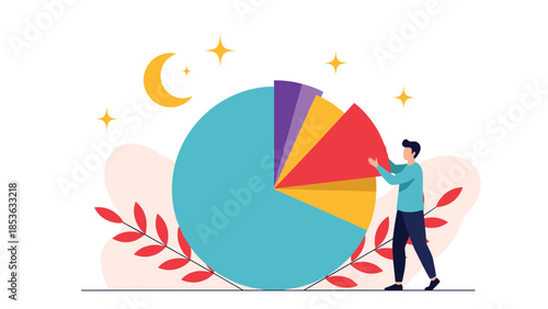 Man assembling a large pie chart, representing data analysis, market share, or business statistics in a simple flat illustration.