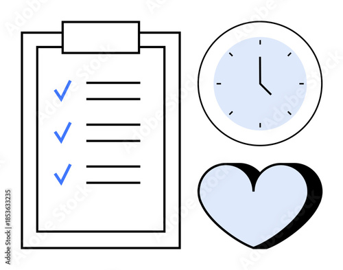 Time management, productivity, health tracking, goal setting, personal organization, efficiency. A checklist clipboard, clock and heart symbol. Time management and productivity concept
