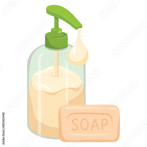 Isolated vector illustration showing bar and bottle of liquid soap ideal for personal care hygiene packaging bathroom cleaning or cosmetic themed creative artwork
