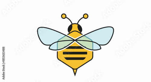 Cartoon bee illustration with yellow and black stripes and wings.