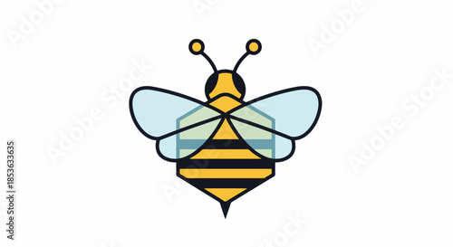 Cute cartoon bee with striped body and transparent wings.