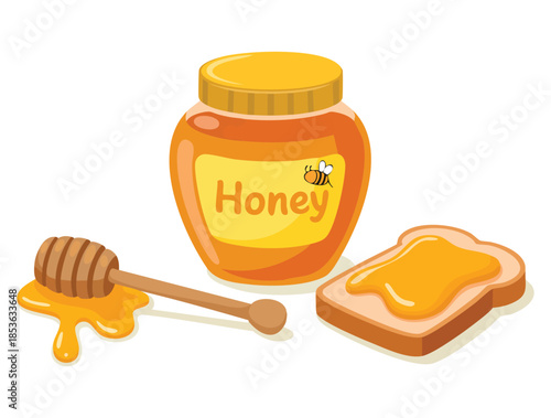 Jar of honey with honey dipper and toast vector illustration slice of bread with honey icon isolated on white background perfect for breakfast dessert or food theme