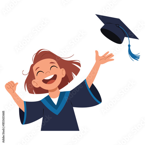 Joyful woman graduate throwing academic cap up in the air vector illustration celebrating successful exam perfect for graduation, education, and success themes