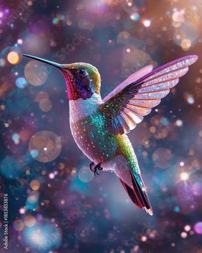 Flying hummingbird in sparkling cosmos