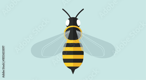Stylized illustration of a bee with black and yellow stripes and transparent wings.