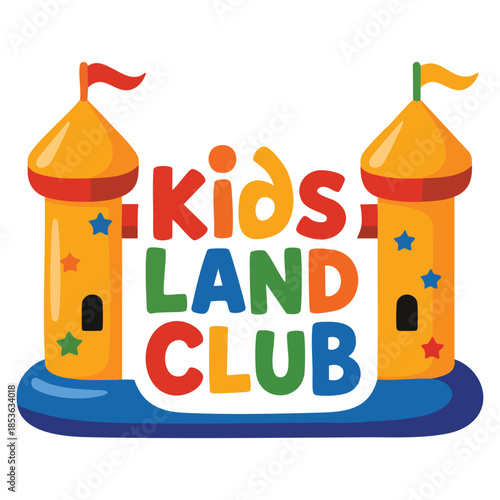 Kids Land Playground and Entertainment Club colorful promo sign with bouncing castle for children playing space fun and active recreational area