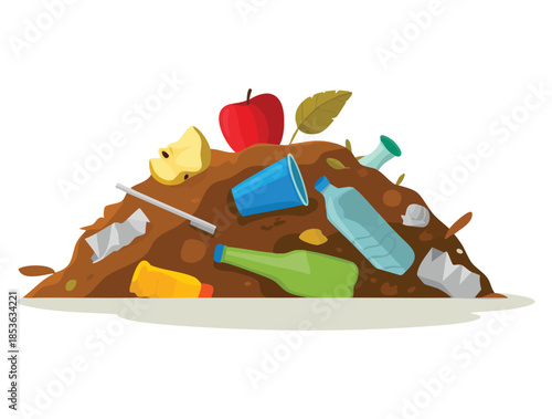 Landfill pile of unsorted garbage flat style vector illustration isolated on white background perfect for environment pollution awareness recycling or waste management themed artwork