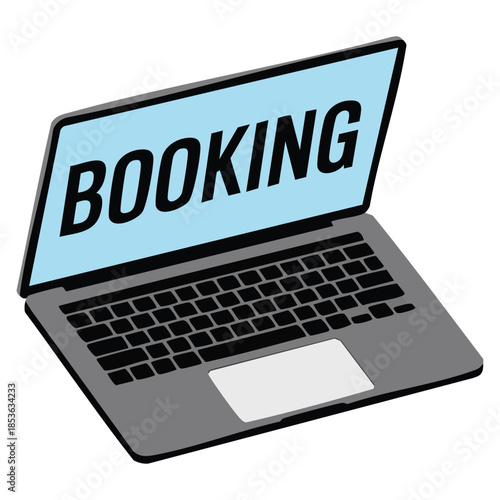 Laptop vector illustration icon showing hotel booking or ticket reservation on white background ideal for online travel reservation and hospitality themed artwork