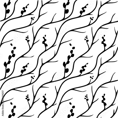Seamless Pussy Willow Branch Pattern in Minimalist Black and White