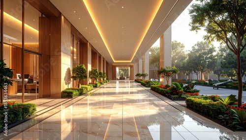 A luxury office headquarters with wide entrance, warm interior glow, clean landscaping and modern executive presence.
