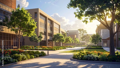 A calm corporate campus with low-rise office buildings, green courtyards, warm daylight and a balanced professional environment.
