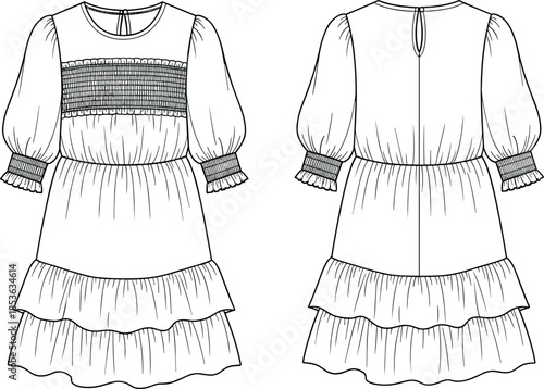 Girls' Smocked Yoke Tiered Dress Technical Flat Sketch with Puff Sleeves Elastic Cuffs and Ruffle Hem Vector Template Illustration for Fashion Design