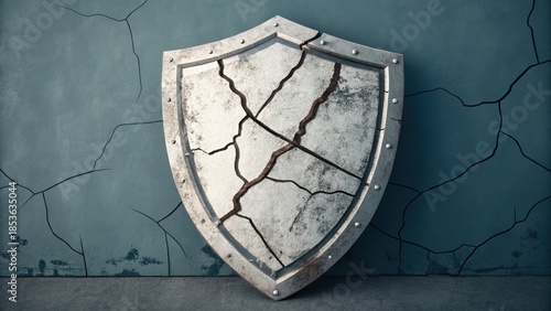 Cracked shield war crime amnesty concept with damaged metal surface leaning against cracked wall