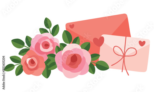 Love letter on valentine day postal envelope with declaration of love paper mail postcards with garden roses vector isolated colorful element perfect for romance artwork