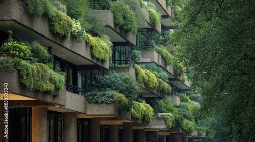 barbican estate building adorned with lush greenery on balconies suitable for real estate or urban architecture concepts vibrant and verdant architectural composition