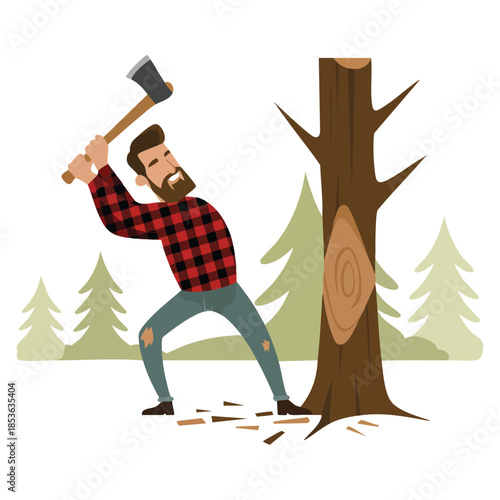 Lumberjack cutting tree with axe vector illustration isolated red checkered shirt man perfect for outdoor work, forest activity, wood chopping or creative character design