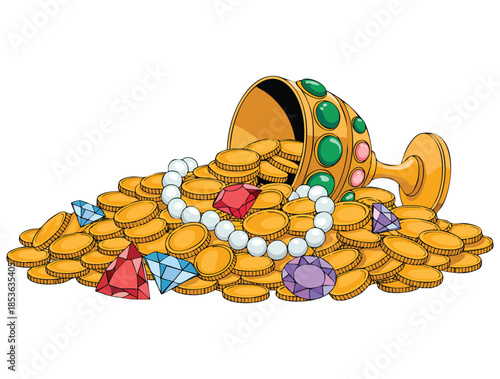 Luxurious treasures with golden cup jewelry pearls gold coins colorful crystals gnoluboy green and pink diamonds vector illustration perfect for cartoon posters