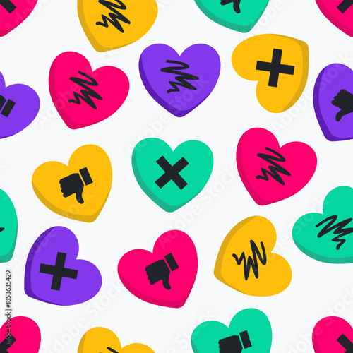 Sarcastic seamless pattern of candy hearts with rejection signs. Funny vector flat design anti-valentine background for single life themes, humorous gifts, and bold textiles.