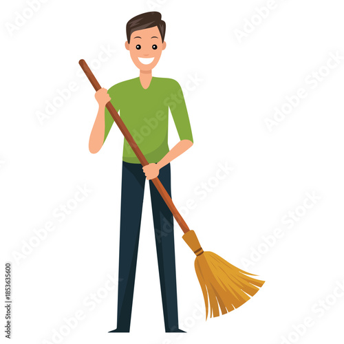 Male cartoon character with broom vector illustration ideal for cleaning roads streets and parks working clothes concept with besom in hand design