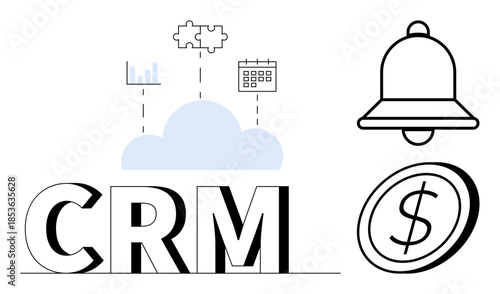 Customer relationship management, data analysis, financial tools, business organization, cloud storage, task planning. CRM text with cloud, graphs calendar dollar sign and bell icons. Customer