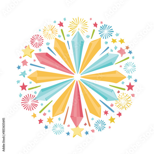 Seamless vector illustration of an abstract colorful floral pattern with vintage retro rays and star ornaments for a vibrant nature wallpaper design