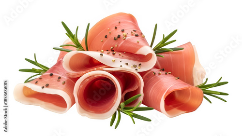 Sliced prosciutto with rosemary and black pepper, isolated on white or transparent background. PNG