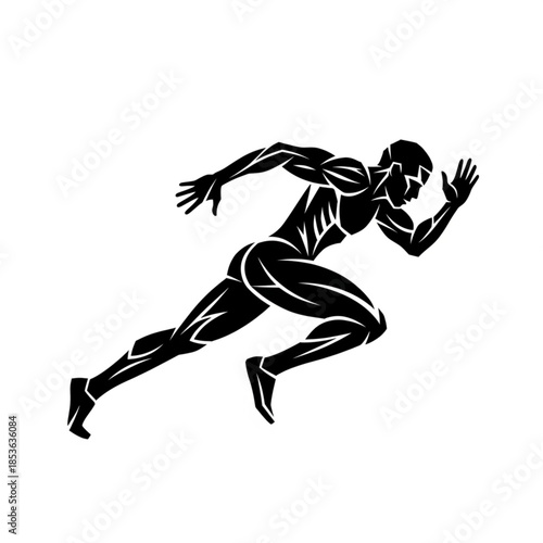 Stylized black silhouette graphic of an athlete sprinting or running at full speed, emphasizing muscle definition.