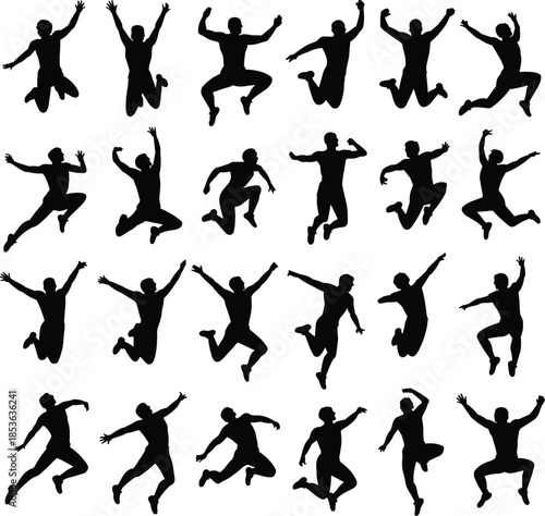 Jumping people silhouette collection, energetic human jump poses, success freedom celebration action, fitness motivation lifestyle concept set