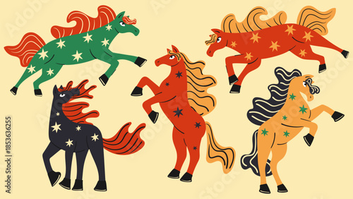 Chinese New Year horses set. Hand drawn bright animals. Doodle style flat vector illustration.
