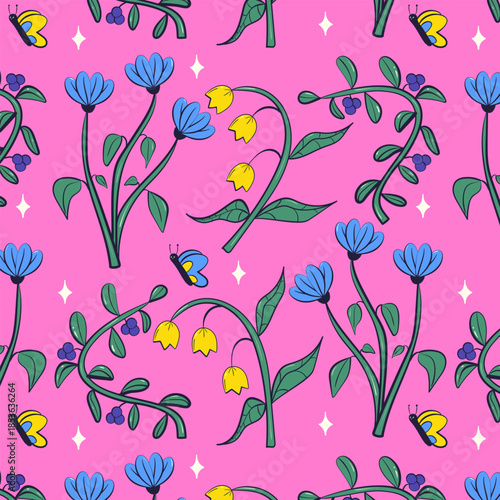 Colorful flowers seamless pattern. Spring doodle flowers. Flat vector pattern.