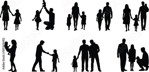 Family silhouette interaction set, parents and children playing walking and caring moments, happy family life black vector figures isolated