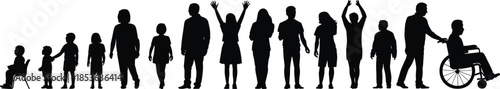 Human age progression silhouette, baby to elderly vector, assisted wheelchair figure, black clipart set, isolated people illustration