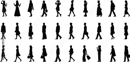 Silhouette vector of diverse people, walking and standing poses, black clipart set, casual and formal attire illustration